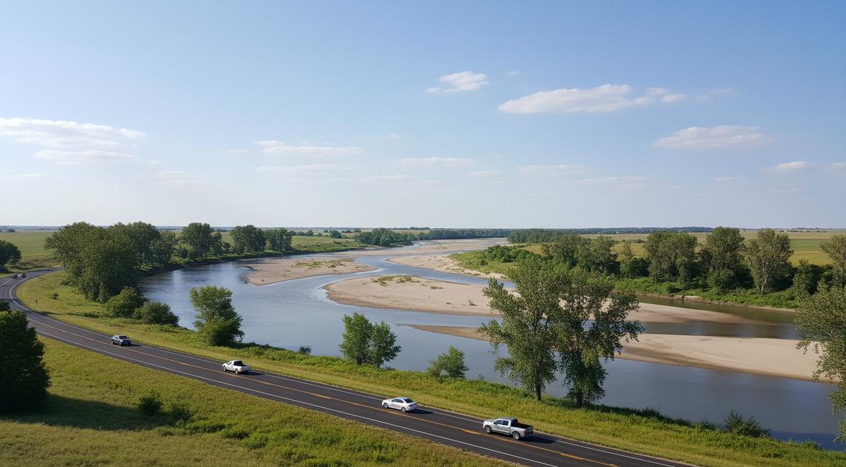 A broad, braided river with pale sandbars and cottonwoods in late summer, a two-lane road along the near shore and green fields beyond