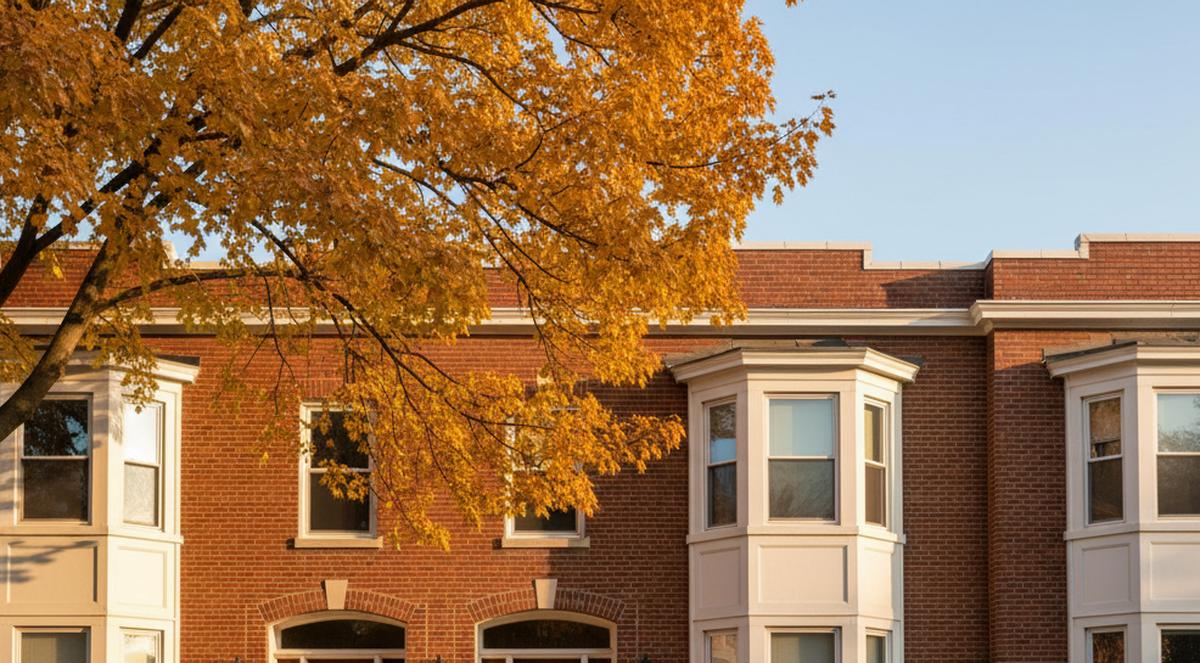 The upper floors of red brick apartment buildings with white bay windows under a golden autumn maple in low sun