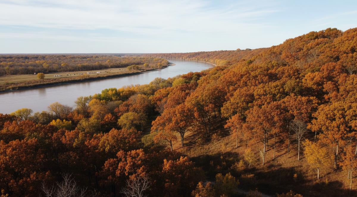 Oak-covered bluffs in rust and orange above a wide brown river, with flat bottomland and distant tree lines across the water