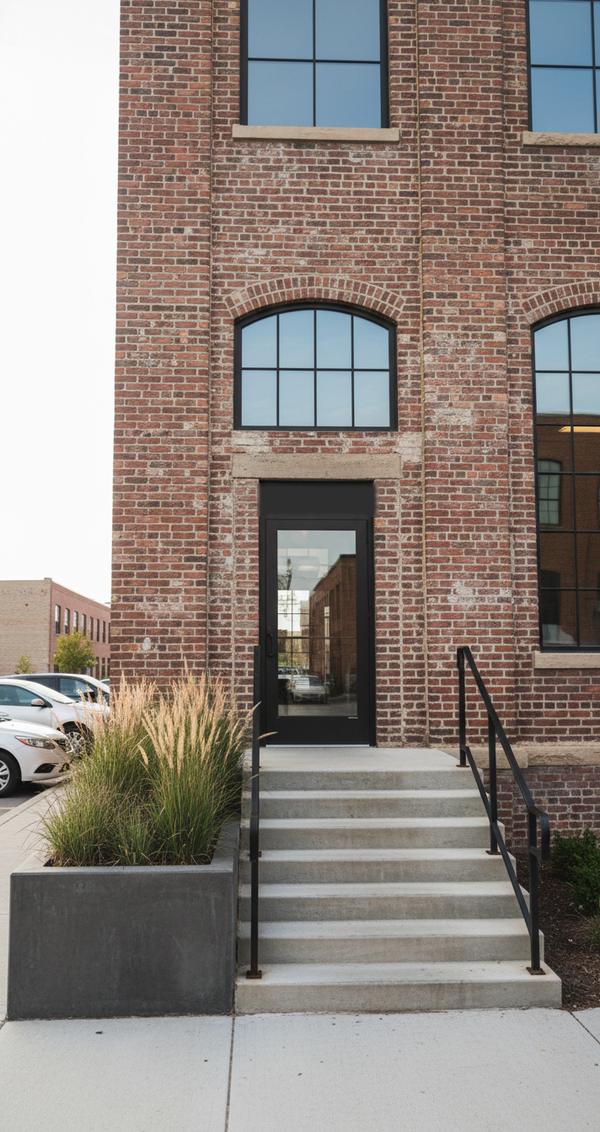 The glass entrance door of a red brick building under an arched window, with concrete steps, a black handrail and a planter of tall grass